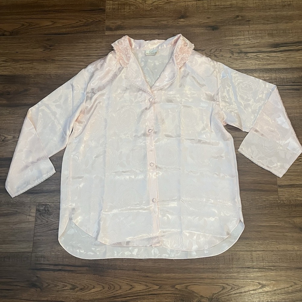 La Vie En Rose Satin Button Down Floral Pink Collared Shirt Lace‎ Coquette XL